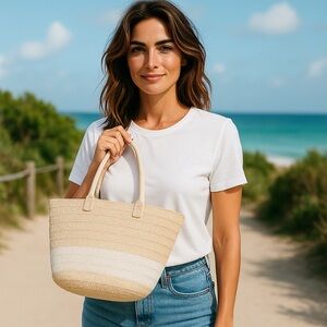 Altru Straw Two-Tone Tan and White Woven Tote Bag